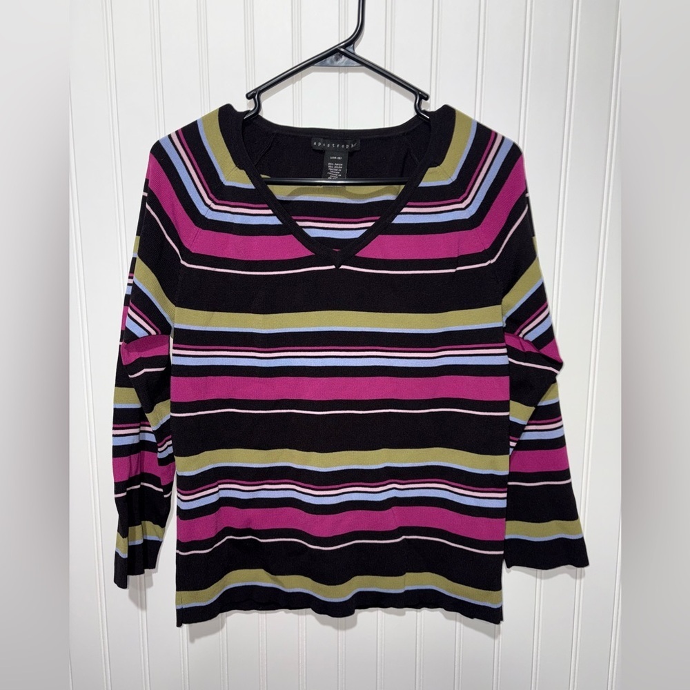 Apostrophe V Neck Striped Top| Size Large